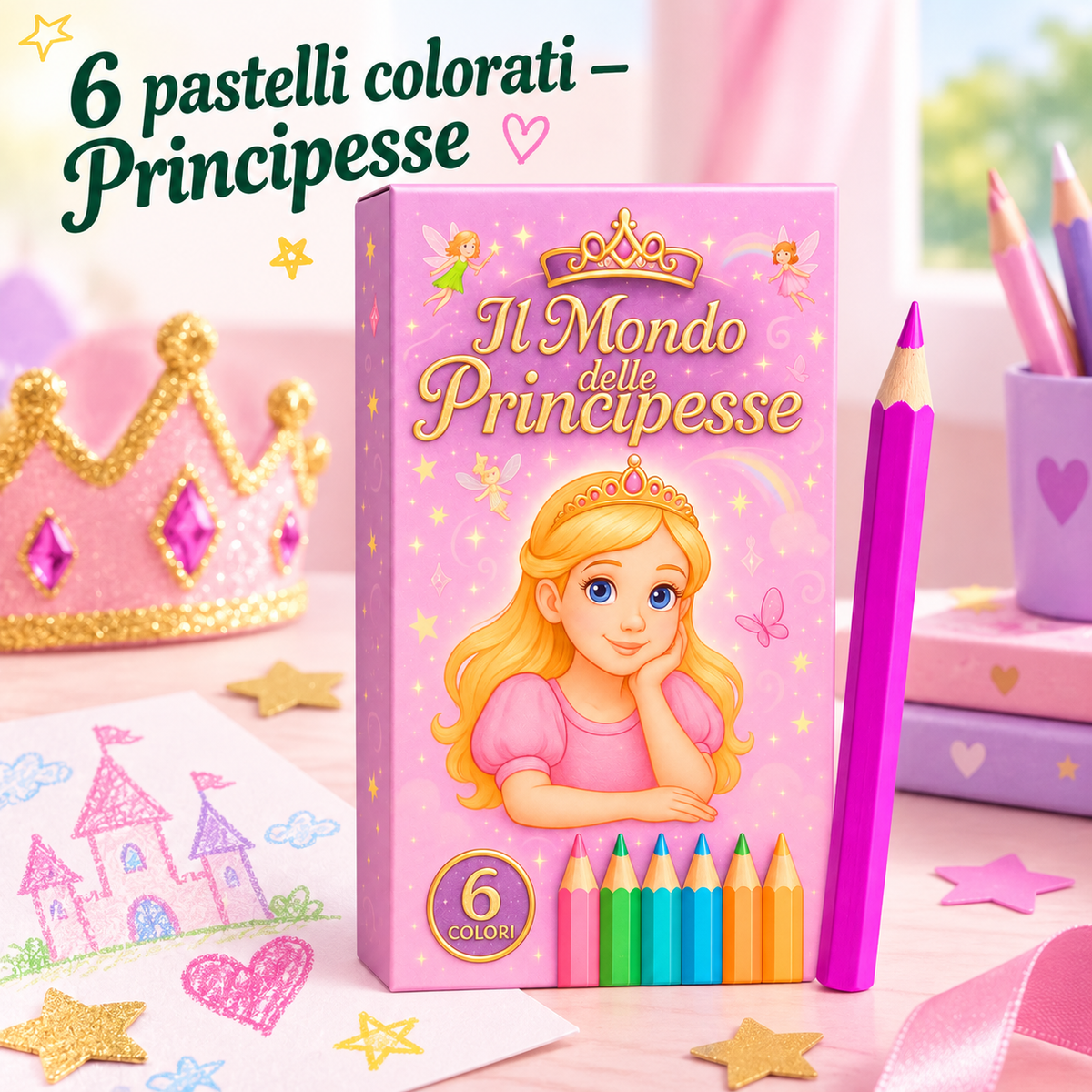 Box 6 Pastelli Il Mondo delle Principesse 5×10 cm – Sorprese per Uova di Pasqua – immagine ambientata