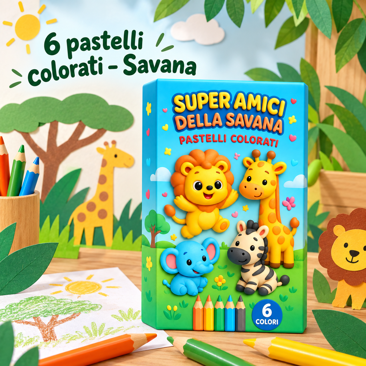 Box 6 Pastelli Savana Super Cuccioli 5×10 cm – Sorprese per Uova di Pasqua – immagine ambientata
