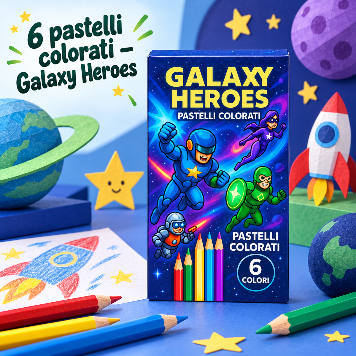 Box 6 Pastelli Galaxy Heroes 5×10 cm – Sorprese per Uova di Pasqua – immagine ambientata