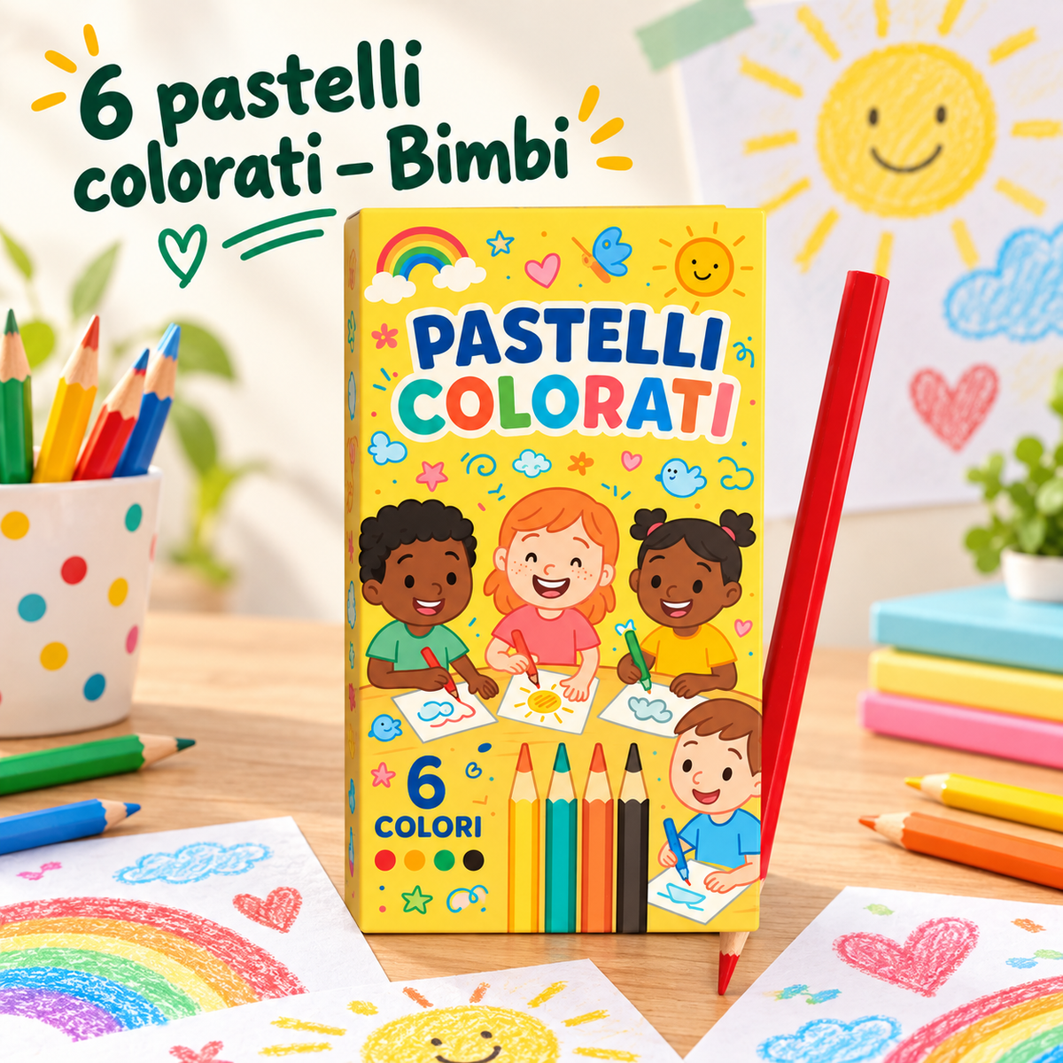 Box 6 Pastelli Colorati Bimbi 5×10 cm – Sorprese per Uova di Pasqua – immagine ambientata