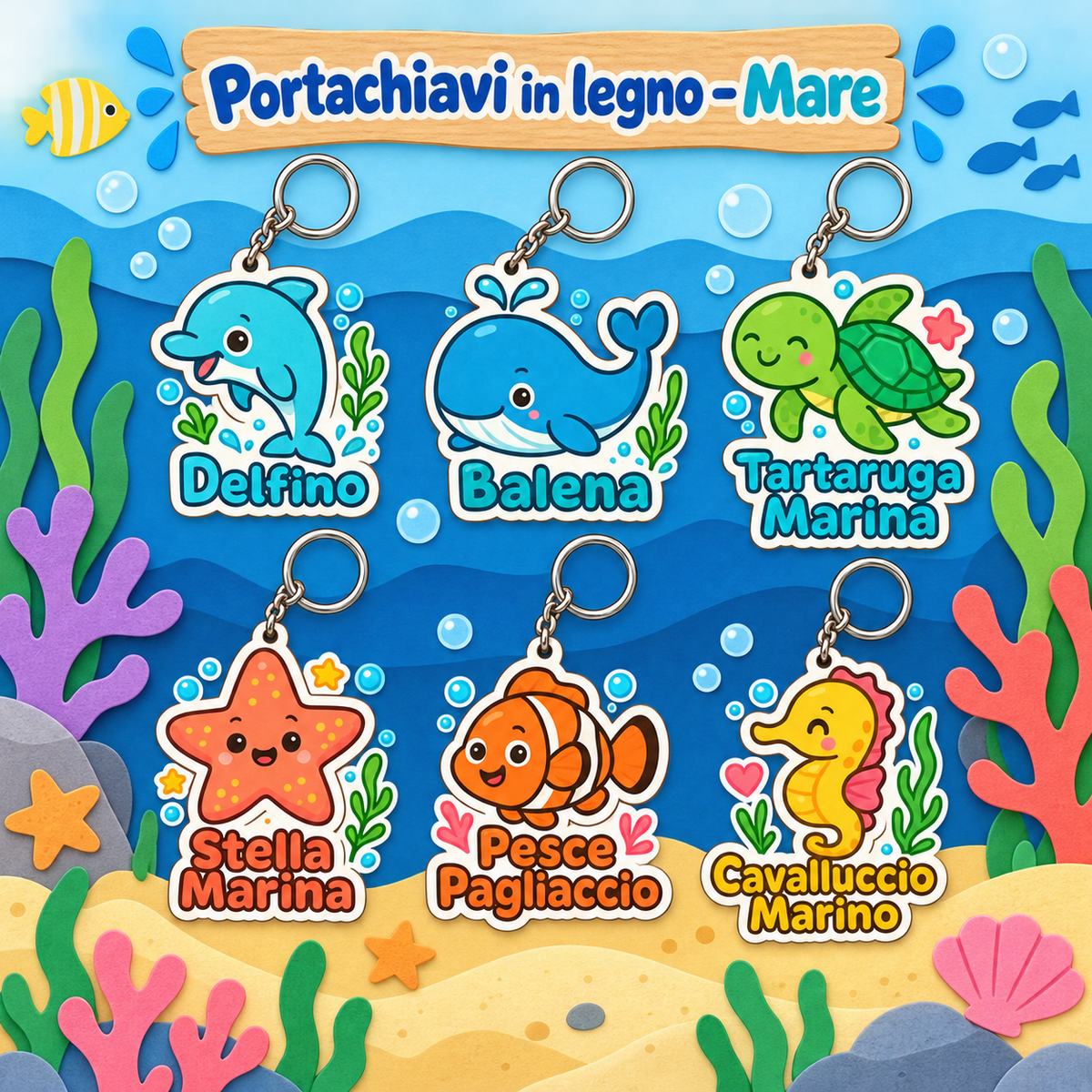 Portachiavi in Legno Amici del Mare 5 cm – Sorprese per Uova di Pasqua – immagine ambientata