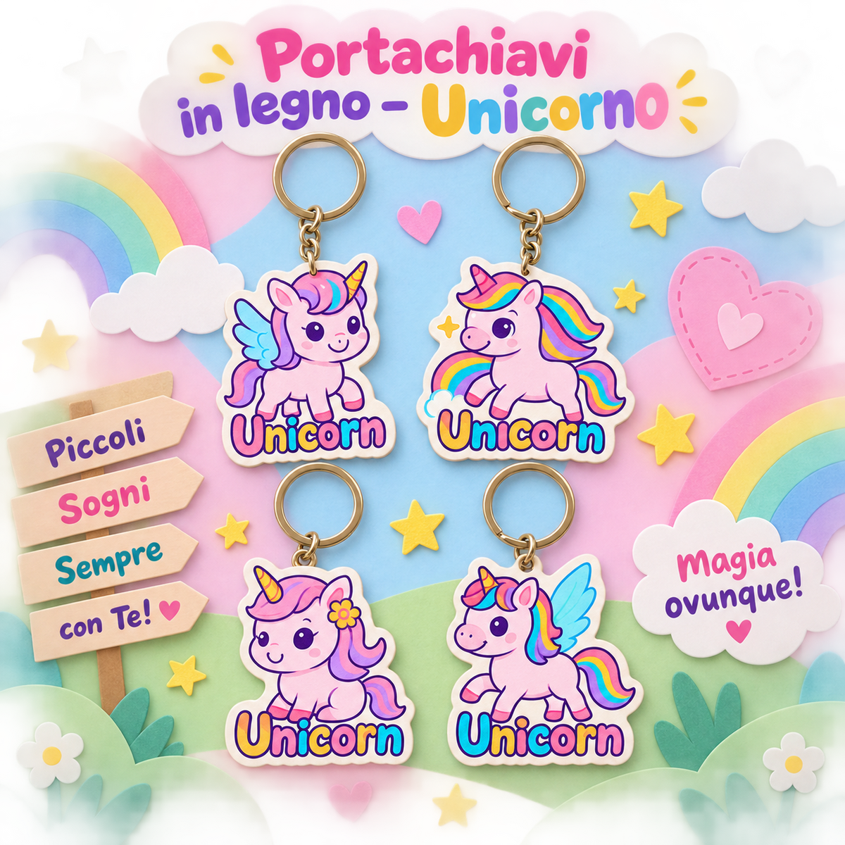 Portachiavi in Legno Unicorno 5 cm – Sorprese per Uova di Pasqua – immagine ambientata