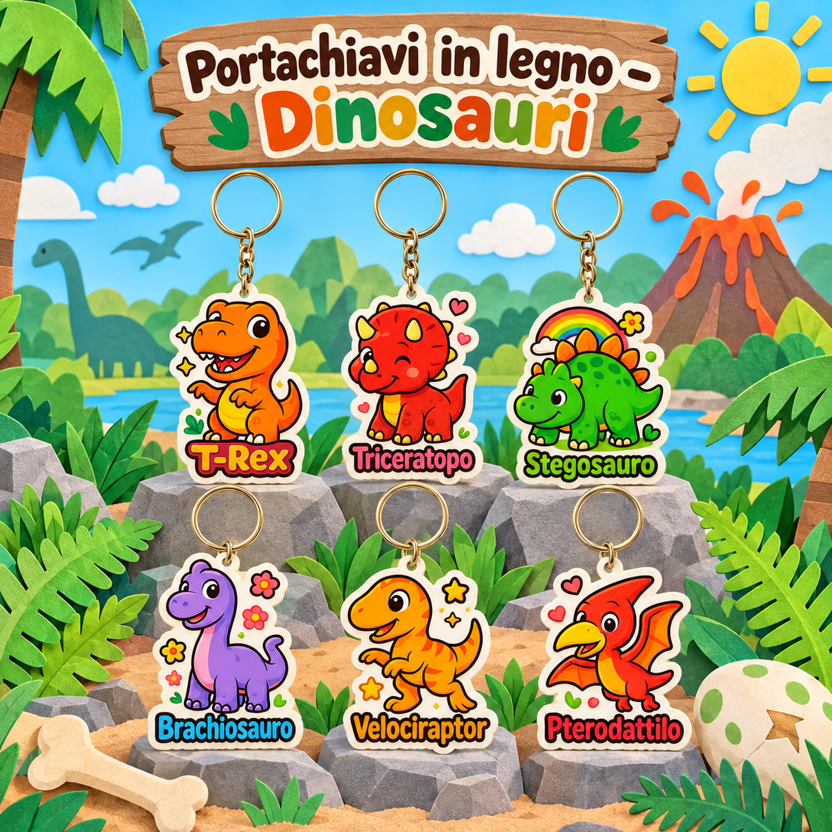 Portachiavi in Legno Dinosauri 5 cm – Sorprese per Uova di Pasqua – immagine ambientata