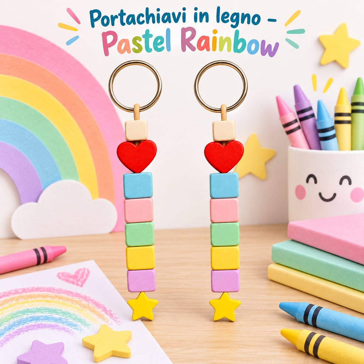 Portachiavi in Legno Pastel Rainbow 13 cm – Sorprese per Uova di Pasqua – immagine ambientata