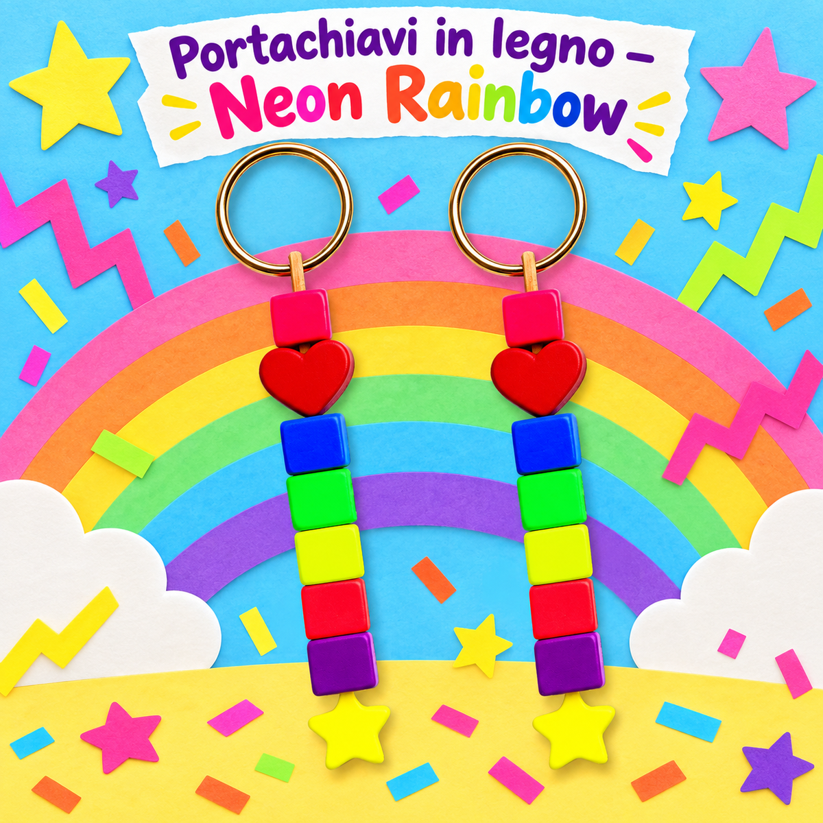Portachiavi in Legno Neon Rainbow 13 cm – Sorprese per Uova di Pasqua – immagine ambientata