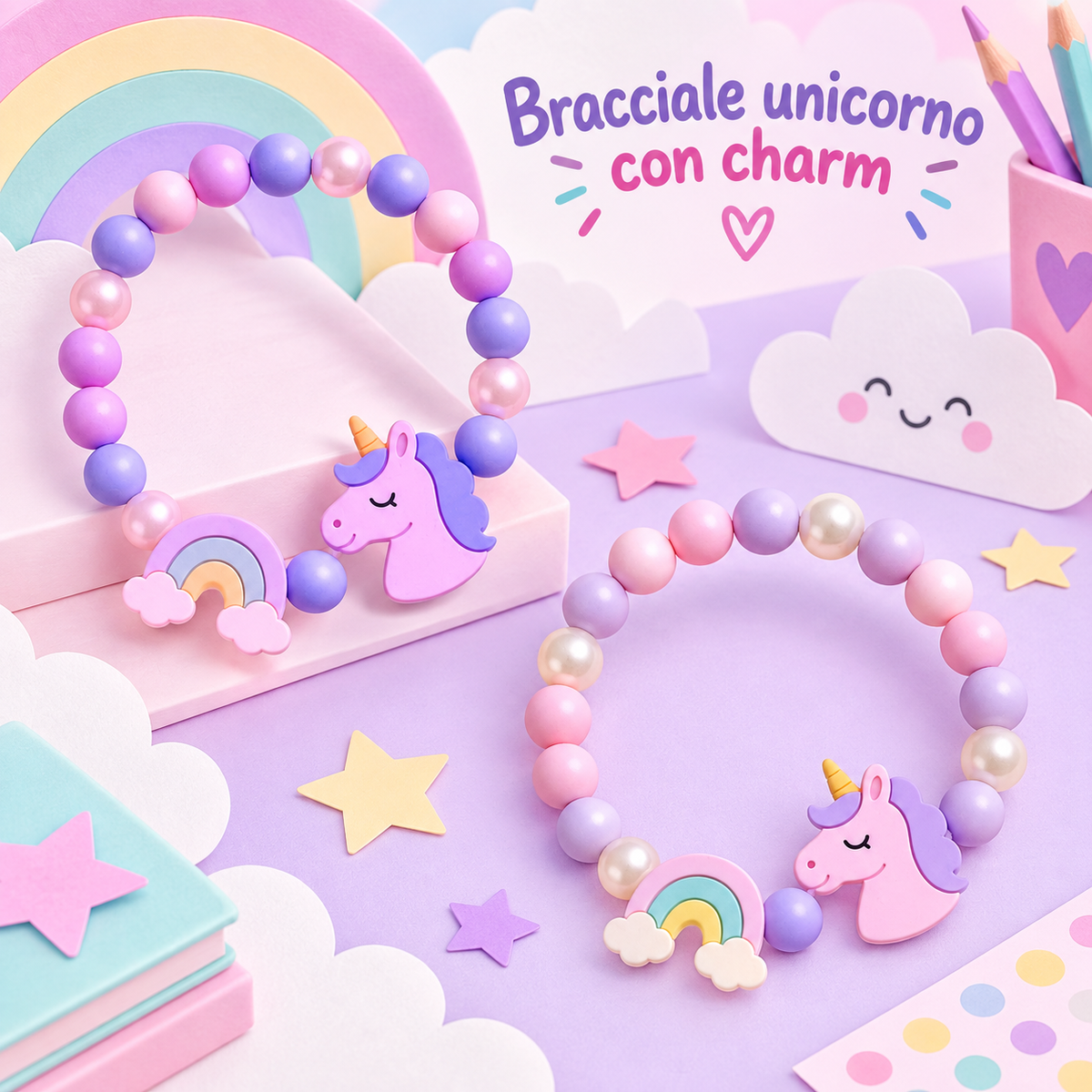 Bracciale in Legno Unicorno con 2 Charm 6 cm – Sorprese per Uova di Pasqua – immagine ambientata