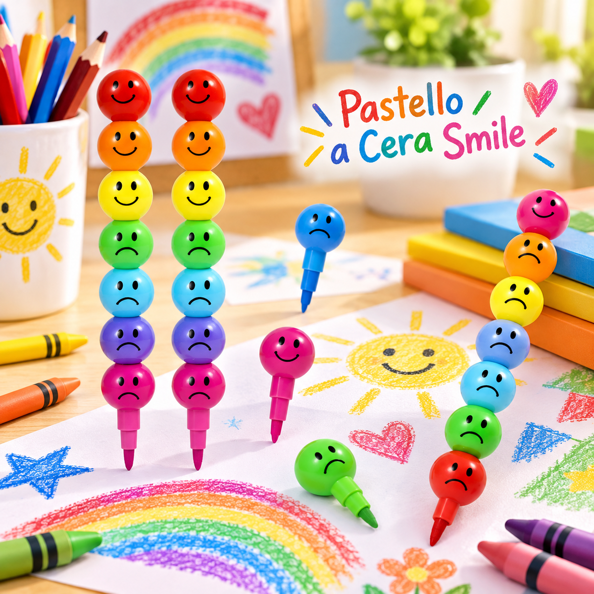 Pastello a Cera Smile – 7 Colori, 15 cm – Sorprese per Uova di Pasqua – immagine ambientata
