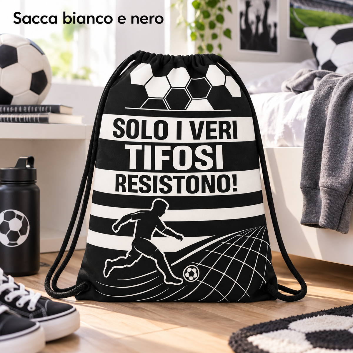 SACCA TEMPO LIBERO BIANCO NERO 42X35 – immagine ambientata