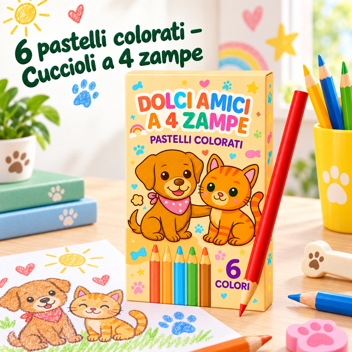 Box 6 Pastelli Cuccioli 4 Zampe 5×10 cm – Sorprese per Uova di Pasqua – immagine ambientata