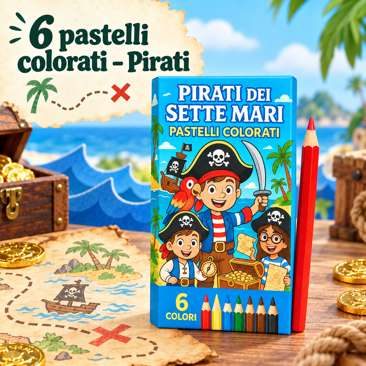 Box 6 Pastelli Pirati dei Sette Mari 5×10 cm – Sorprese per Uova di Pasqua – immagine ambientata
