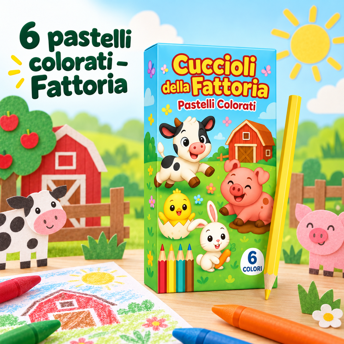 Box 6 Pastelli Cuccioli della Fattoria 5×10 cm – Sorprese per Uova di Pasqua – immagine ambientata