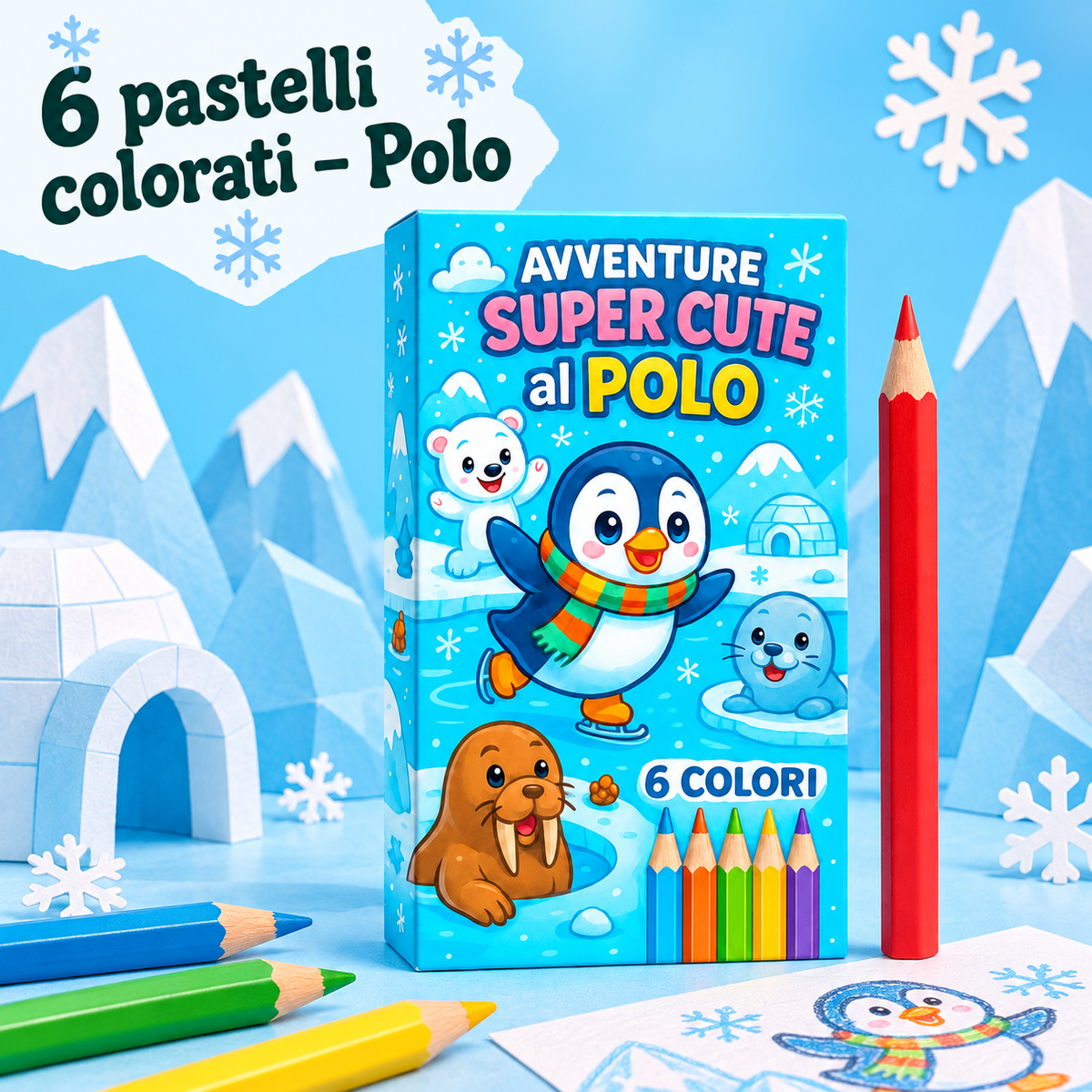 Box 6 Pastelli Avventure al Polo 5×10 cm – Sorprese per Uova di Pasqua – immagine ambientata