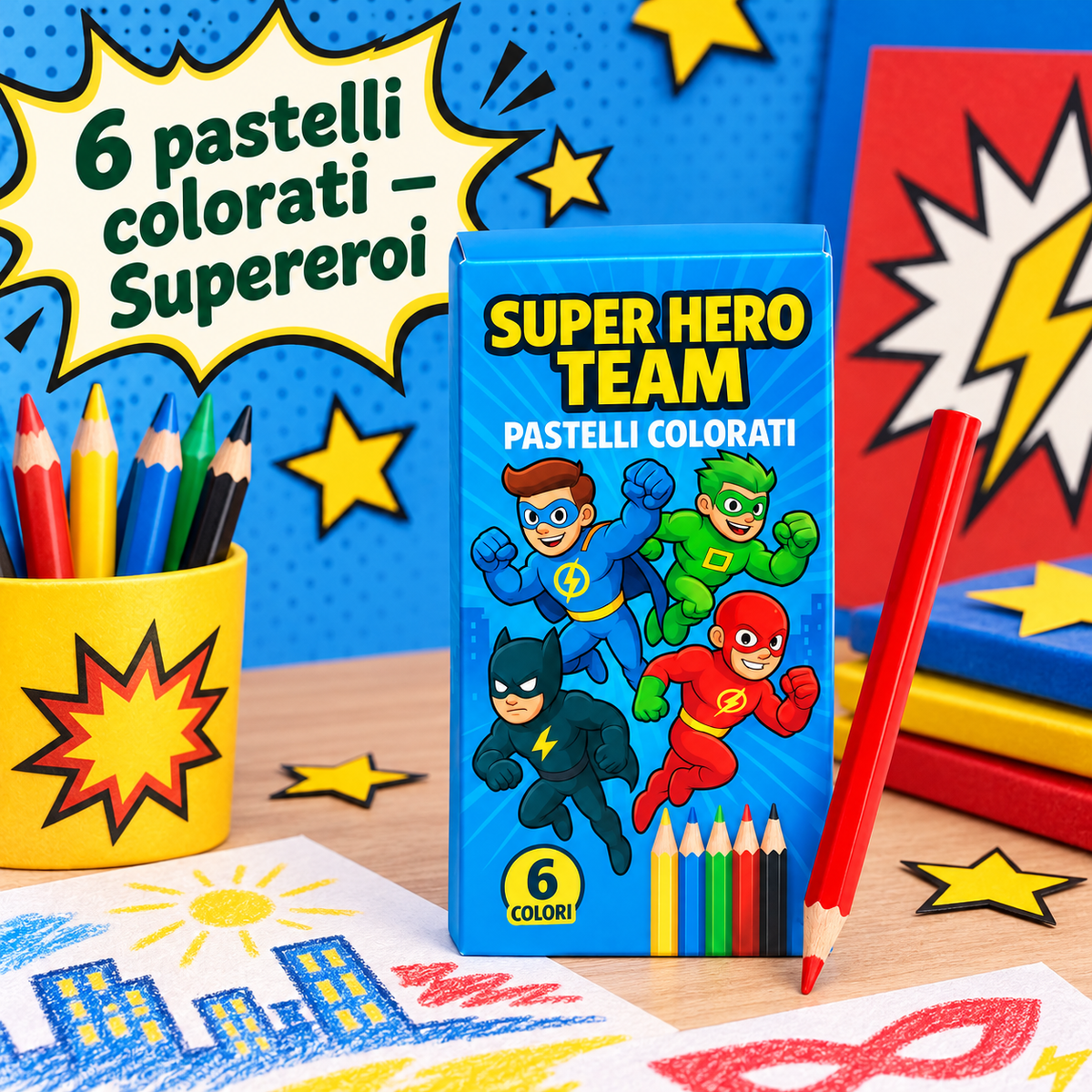 Box 6 Pastelli Super Hero Team 5×10 cm – Sorprese per Uova di Pasqua – immagine ambientata