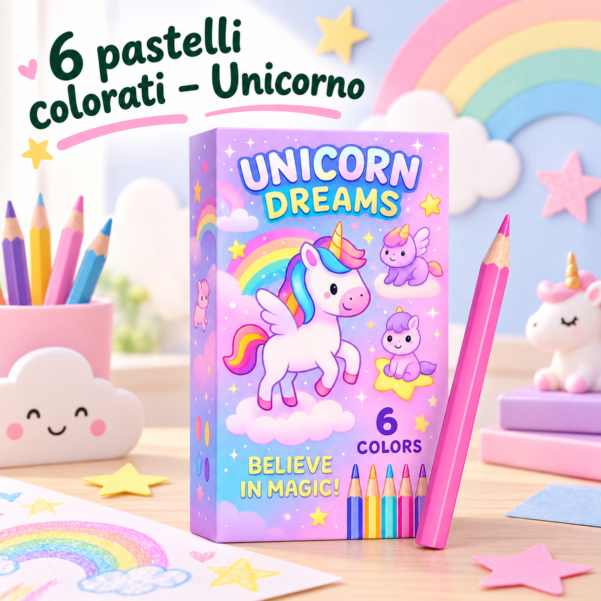 Box 6 Pastelli Unicorno Magico 5×10 cm – Sorprese per Uova di Pasqua – immagine ambientata