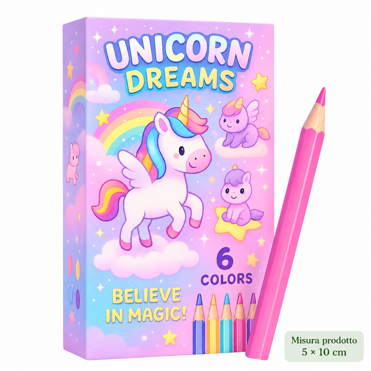 Box 6 Pastelli Unicorno Magico 5×10 cm – Sorprese per Uova di Pasqua – immagine principale su sfondo bianco