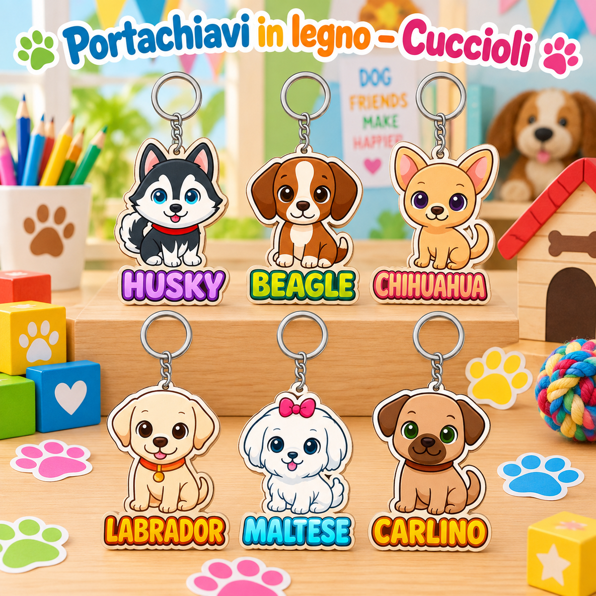 Portachiavi in Legno Cuccioli 5 cm – Sorprese per Uova di Pasqua – immagine ambientata