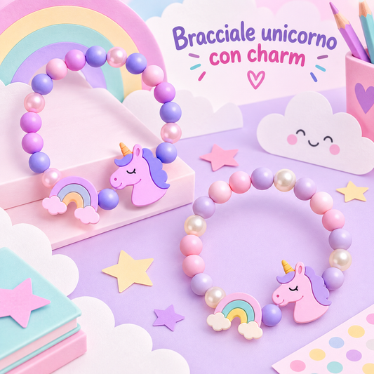 Bracciale in Legno Unicorno con 2 Charm 6 cm – Sorprese per Uova di Pasqua – immagine ambientata