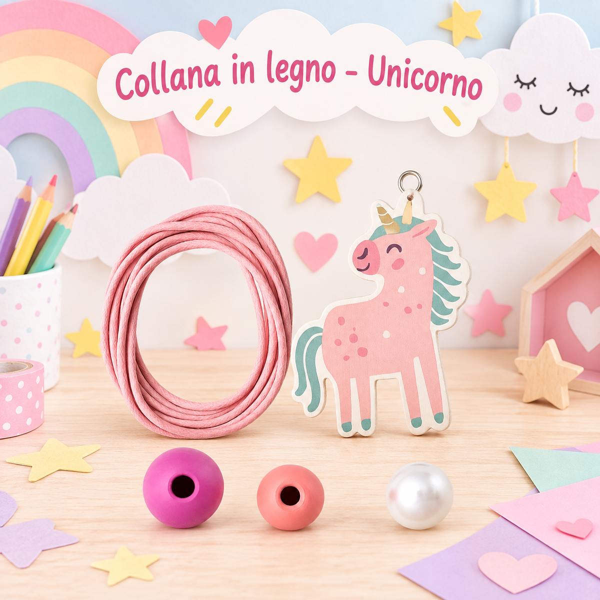 Collana in Legno con Ciondolo Unicorno 5 cm – Sorprese per Uova di Pasqua – immagine ambientata