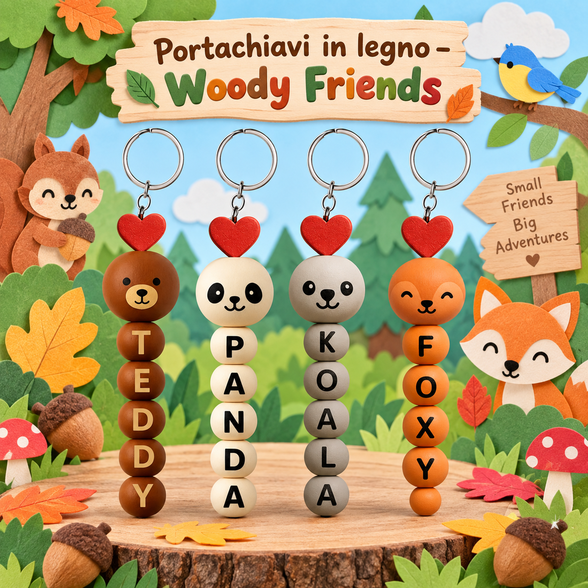 Portachiavi in Legno Woody Friends 13 cm – Sorprese per Uova di Pasqua – immagine ambientata