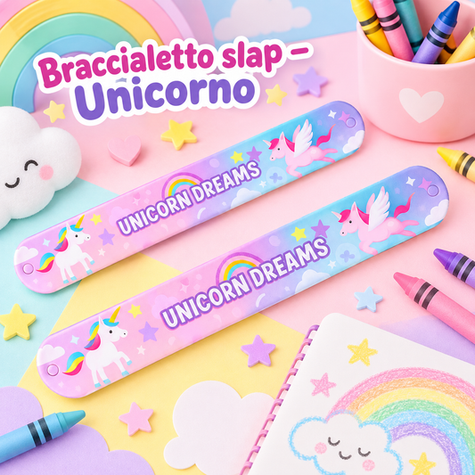 Braccialetto Slap Unicorno 22,5×3 cm – Sorprese per Uova di Pasqua – immagine ambientata