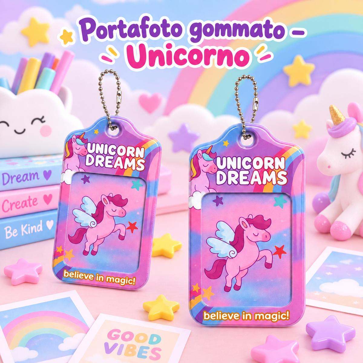 Portafoto Gommato Unicorno 13×7 cm – Sorprese per Uova di Pasqua – immagine ambientata