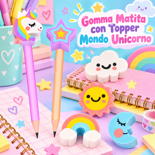 Gomma Matita con Topper Mondo Unicorno 15 cm – Sorprese per Uova di Pasqua – immagine ambientata