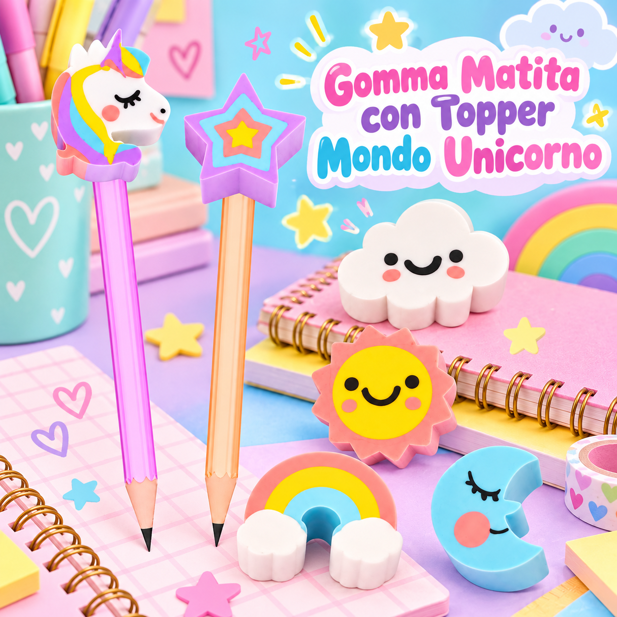 Gomma Matita con Topper Mondo Unicorno 15 cm – Sorprese per Uova di Pasqua – immagine ambientata