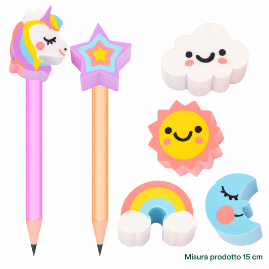 Gomma Matita con Topper Mondo Unicorno 15 cm – Sorprese per Uova di Pasqua – immagine principale su sfondo bianco