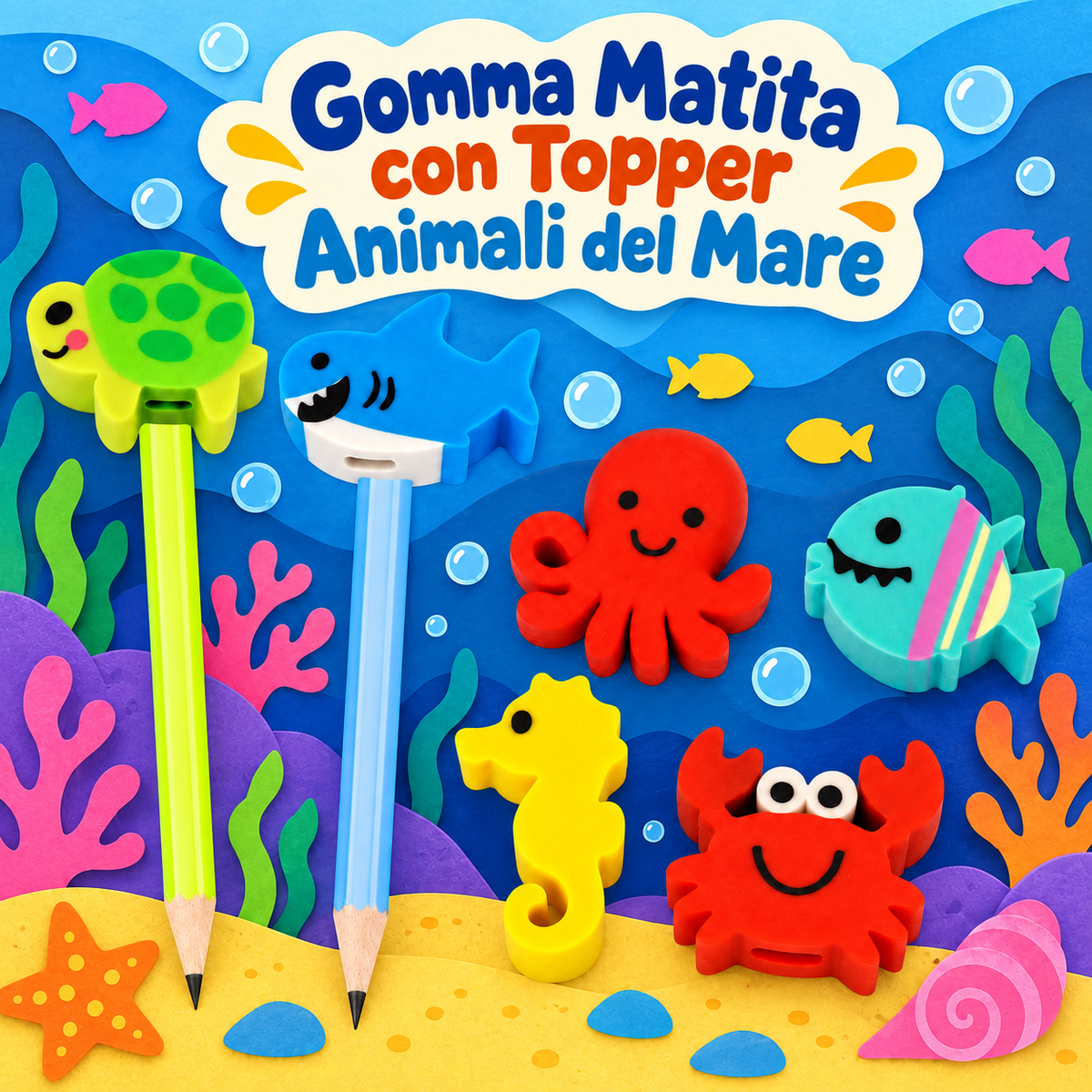 Gomma Matita con Topper Animali del Mare 15 cm – Sorprese per Uova di Pasqua – immagine ambientata