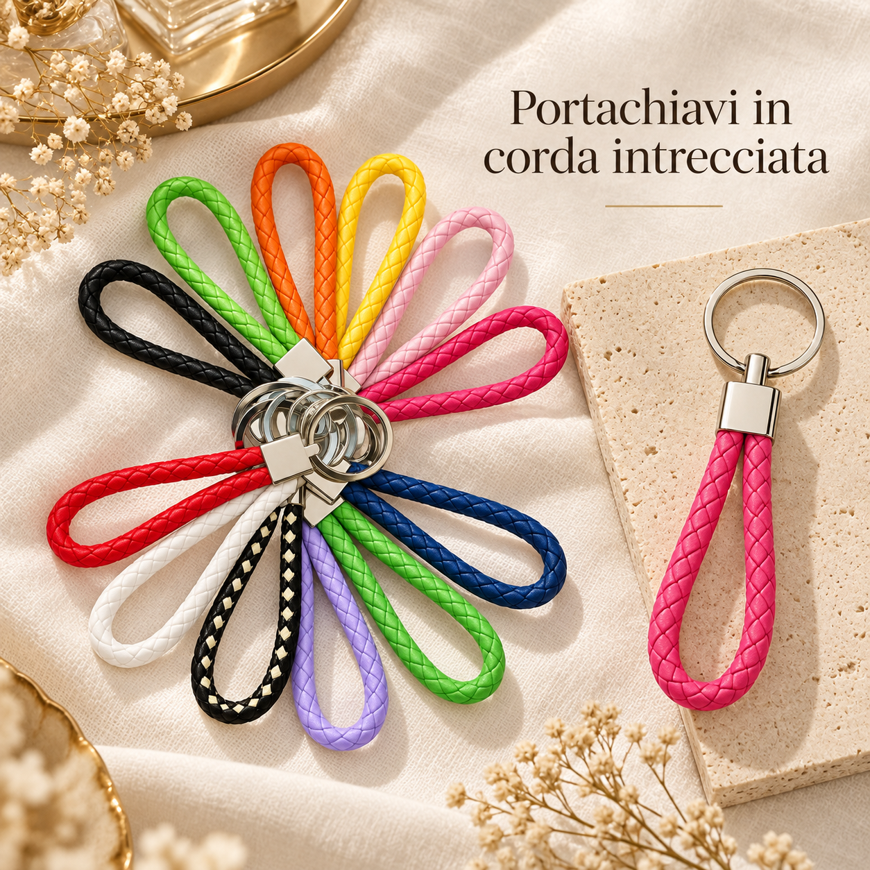 Portachiavi Corda Intrecciata 10 cm – 12 Colori Assortiti – Sorprese per Uova di Pasqua – immagine ambientata
