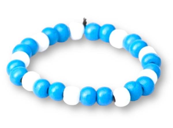 BRACCIALE PALLINE LEGNO BIANCO AZZURRO