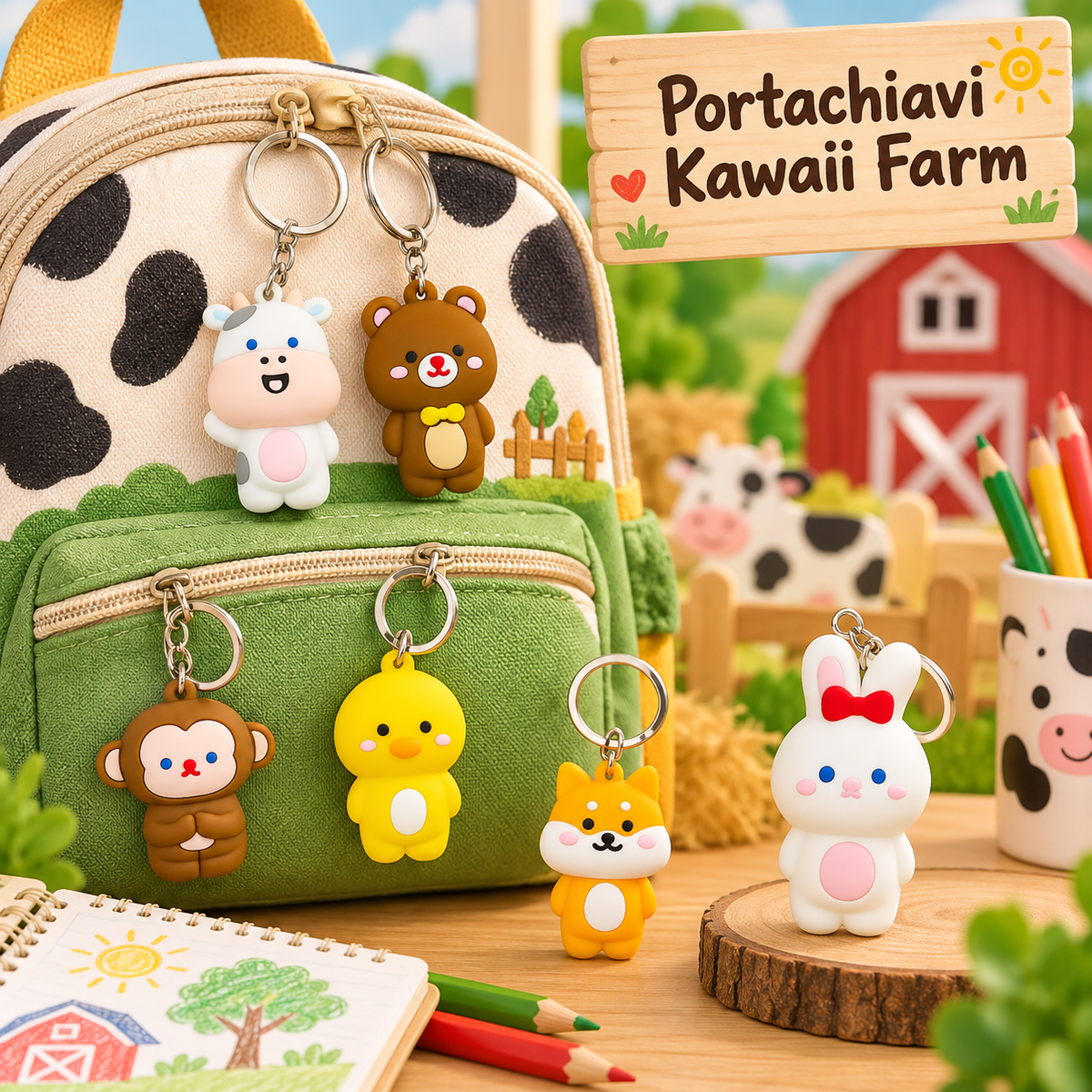 Portachiavi Silicone Kawaii Farm 6×6 cm – Sorprese per Uova di Pasqua – immagine ambientata