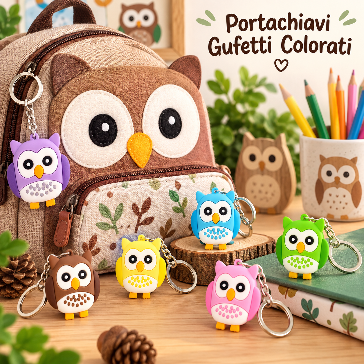 Portachiavi Silicone Gufetti Colorati 6×6 cm – Sorprese per Uova di Pasqua – immagine ambientata