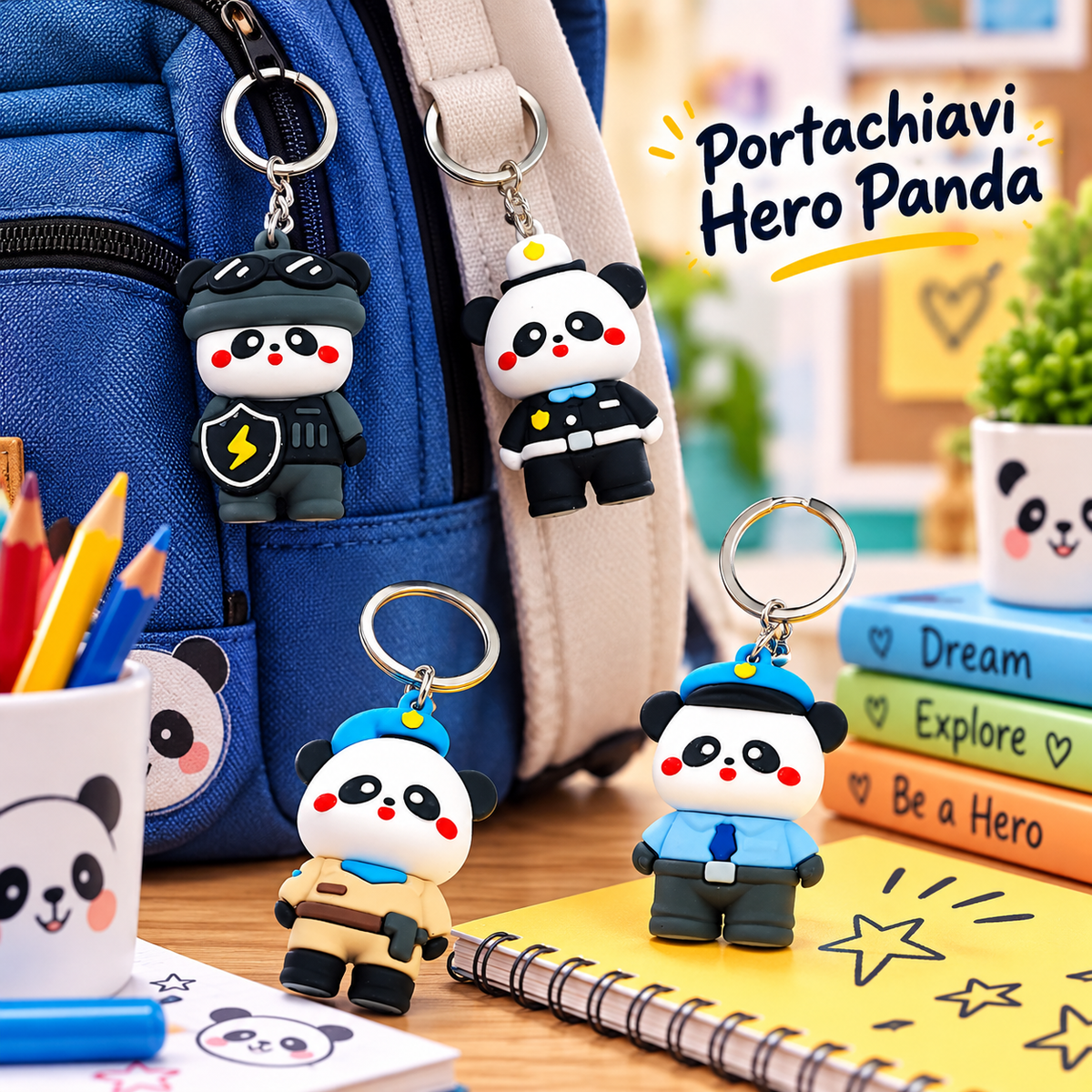 Portachiavi Silicone Hero Panda 6×6 cm – Sorprese per Uova di Pasqua – immagine ambientata