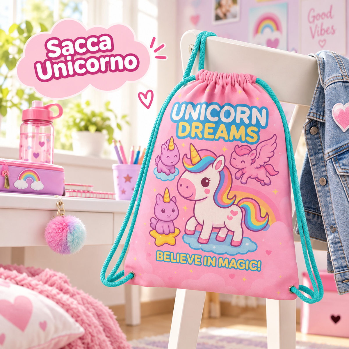 SACCA TEMPO LIBERO UNICORNO 42X35 – immagine ambientata