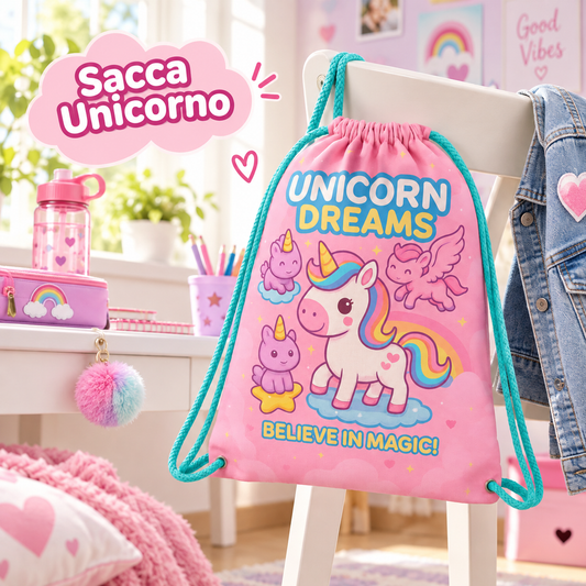 SACCA TEMPO LIBERO UNICORNO 42X35 – immagine ambientata