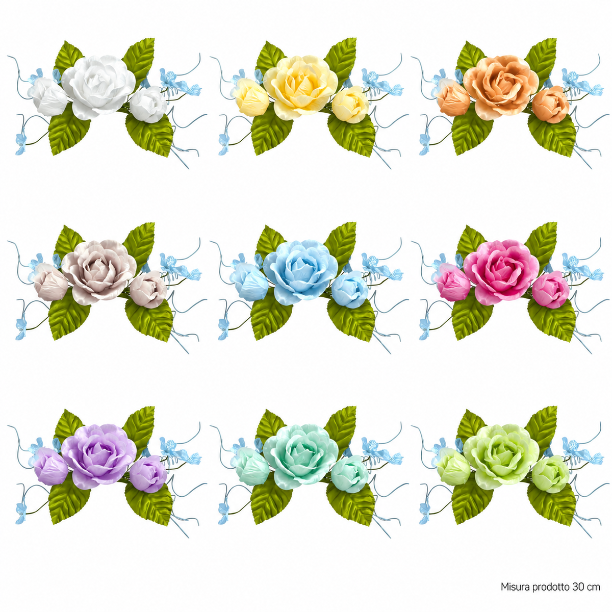 TRALCIO 3 ROSE SATIN  9 COLORI CM 30 – immagine principale su sfondo bianco