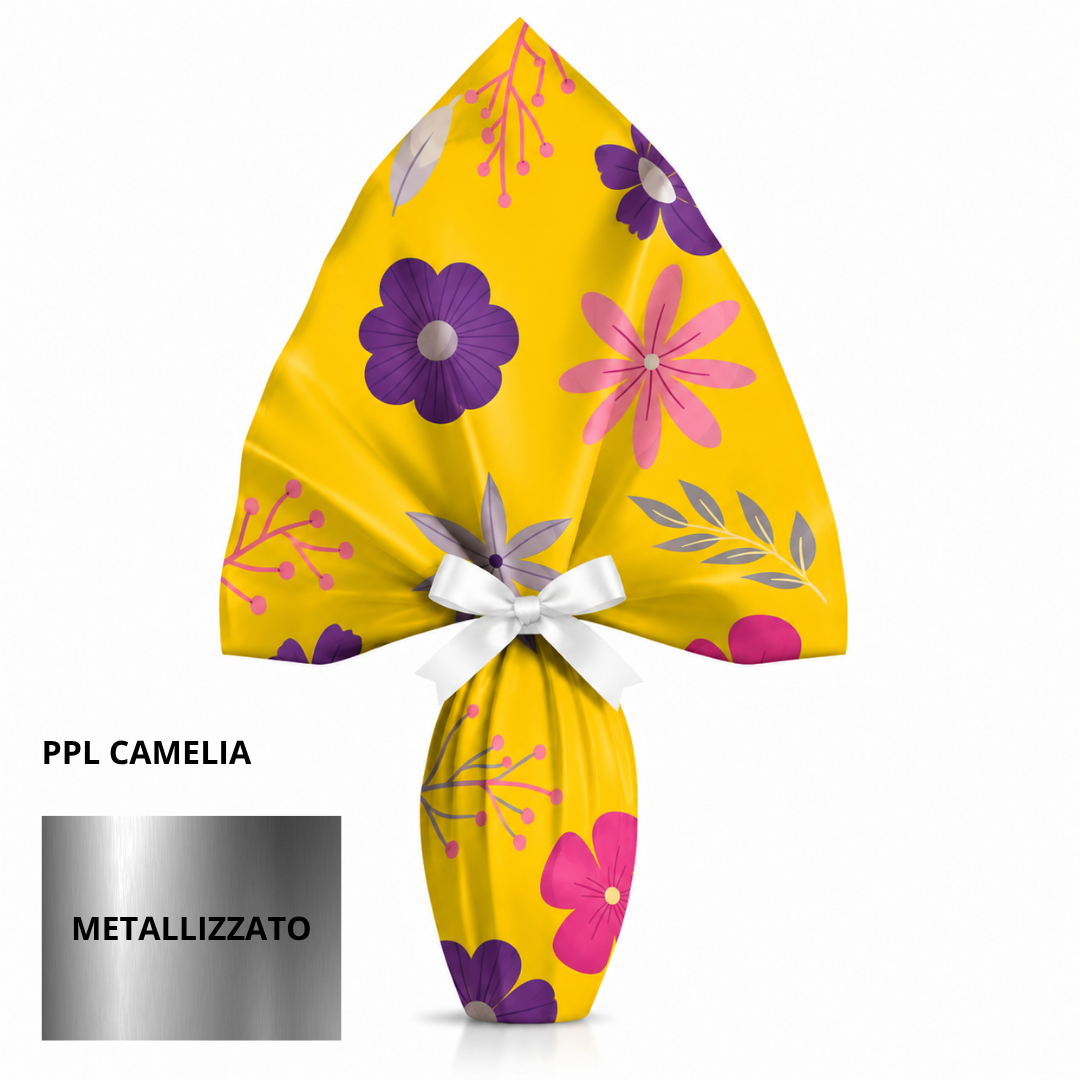 Incarto PPL 80X80 CAMELIA GIALLO metallizzato per uova di Pasqua